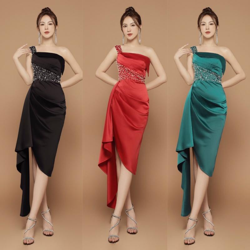 Đầm body lệch vai đính ngọc sang trong - D1042
