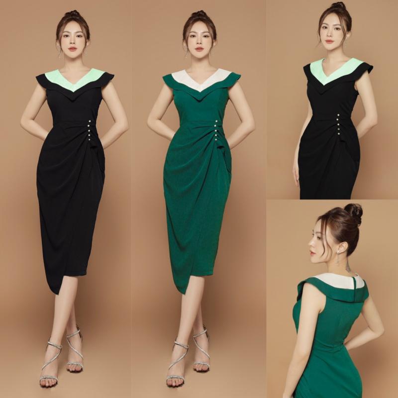 Đầm body dự tiệc cổ tim phối màu đính nút sang trọng quý phái - D1119