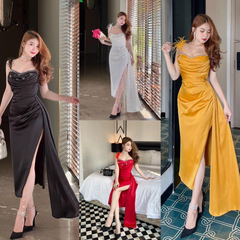 Đầm body đính lông vũ hai dây sang chản xin xắn - D1234