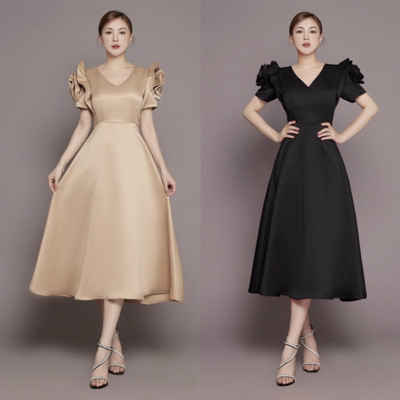 Đầm xoè cổ tim tay đính hoa hồng xinh xắn-D1214