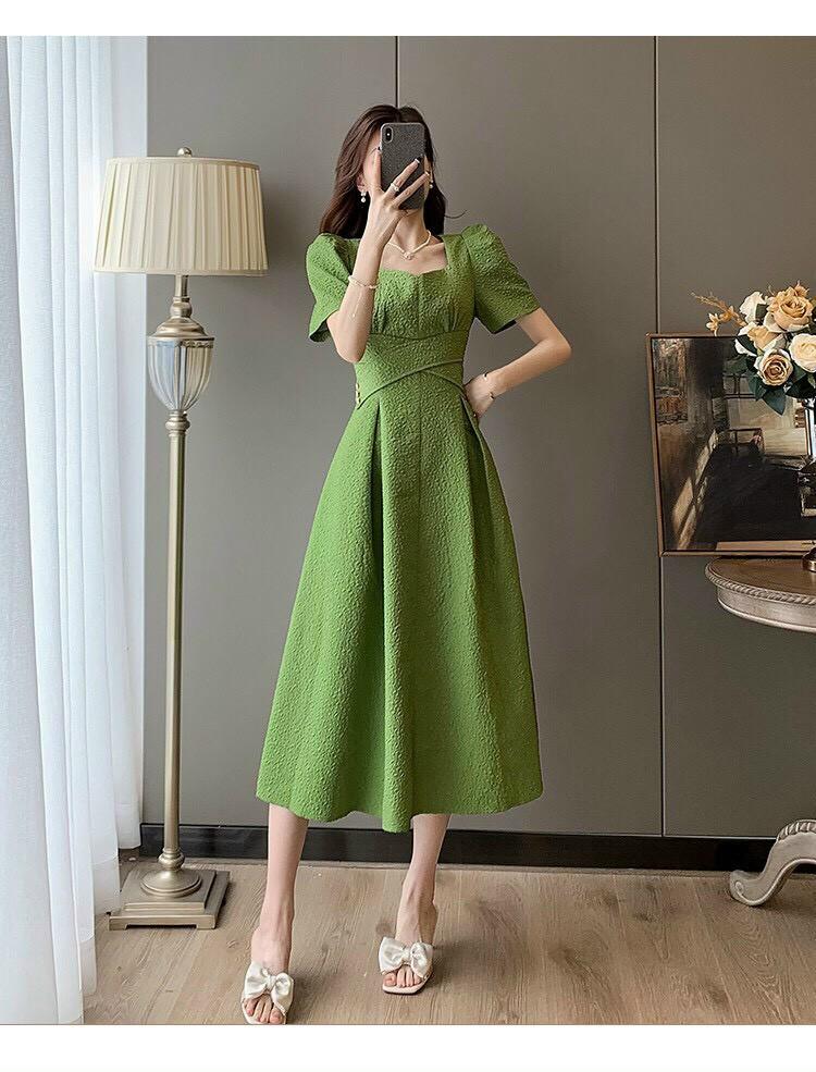 ĐẦM XANH CHÉO EO CỔ VUÔNG SANG CHẢNH- D1155
