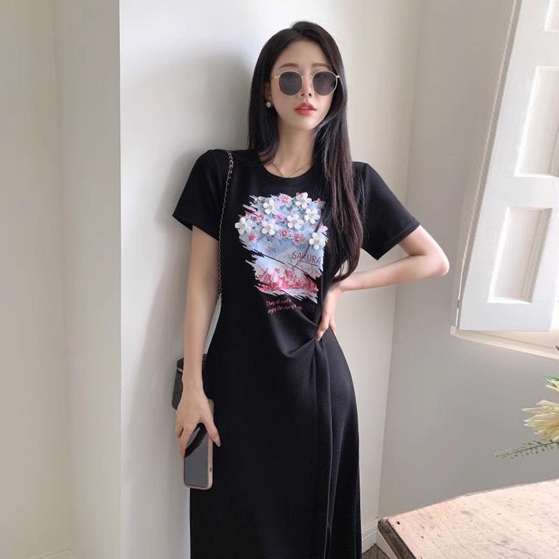 ĐẦM THUN PHỐI HOA THÊU CAO CẤP -D1194