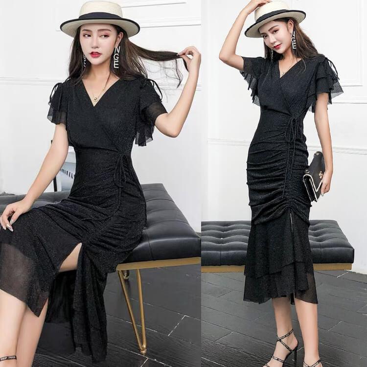 ĐẦM BODY THUN KIM TUYẾN TAY BÈO NHÚN EO CAO CẤP - D1235