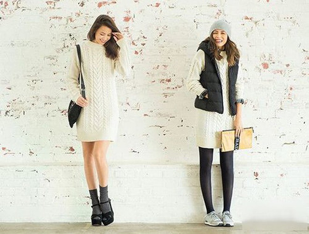 Váy len mùa đông màu trắng đính kèm cúc ngọc ở tay, new tag - Oreka.vn